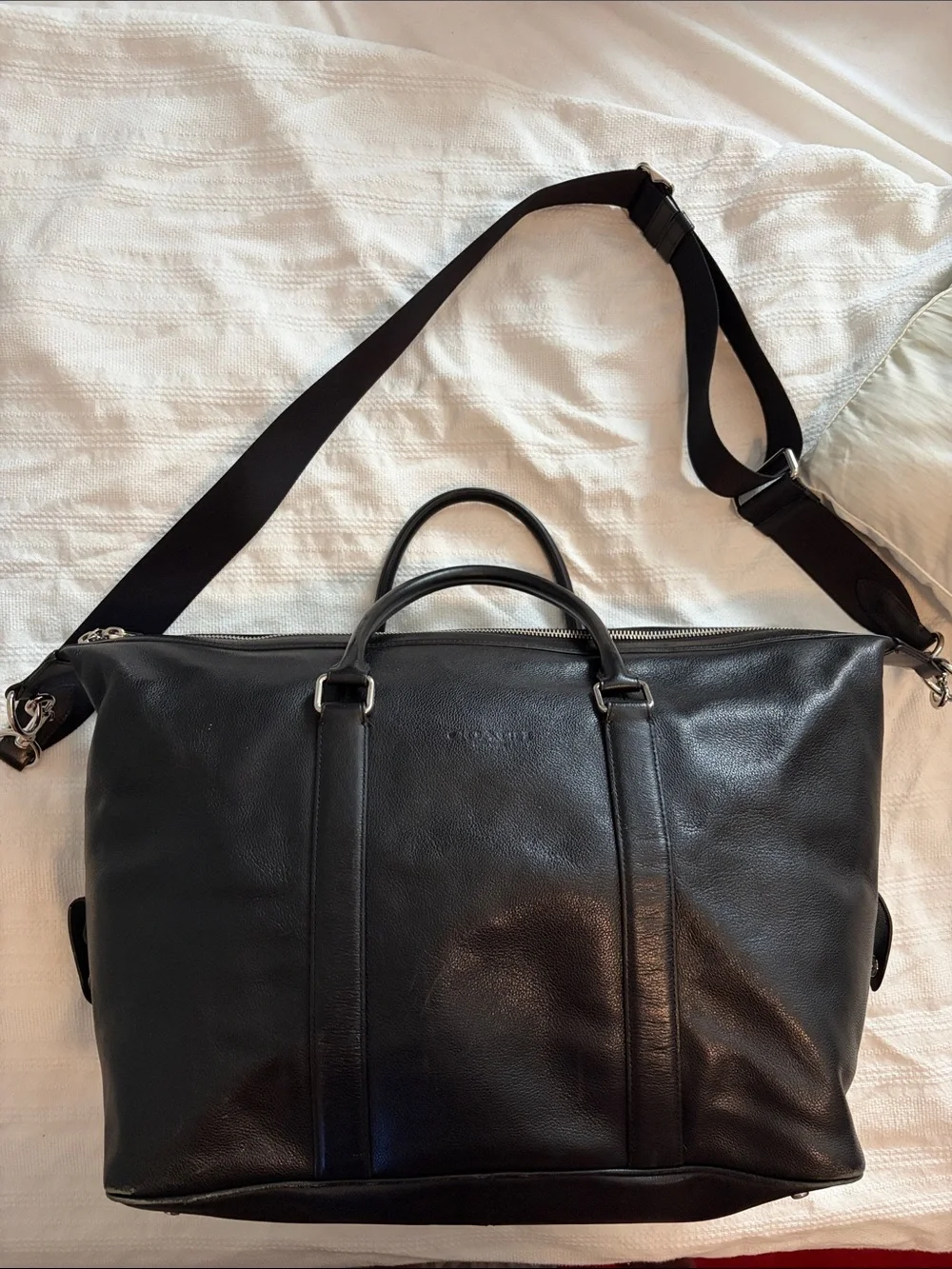Coach Black Leather Duffel with Top Handles and Shoulder Strap extra large 50”
